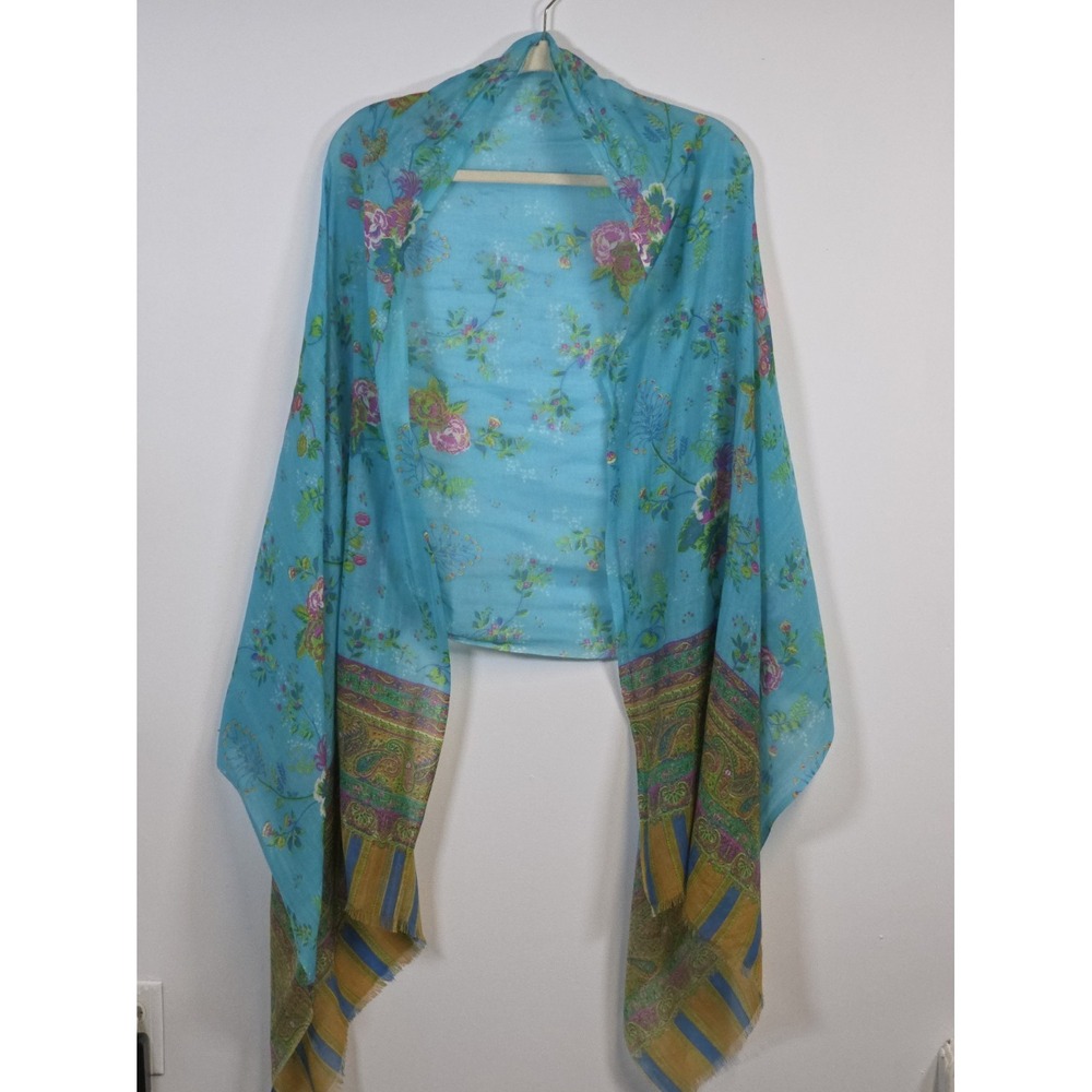 Anthropologie Moksha Wool Floral Paisley Rectangle Shawl Scarf Wrap Blue 30x80